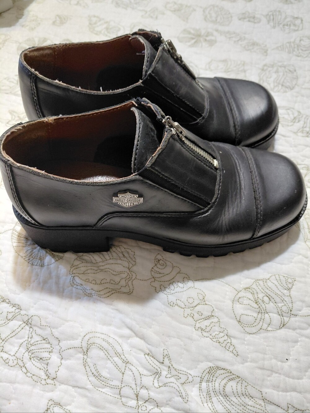 Harley Davidson Womens Black Leather Front Zip Platform Chunky Heel Shoes 7